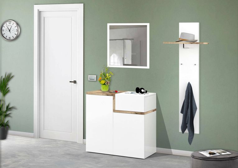 Scarpiera Ryan, Mobile multiuso a 2 ante e 1 anta a ribalta-, Portascarpe da ingresso, 100% Made in Italy, cm 80x40h80, Bianco lucido e Acero