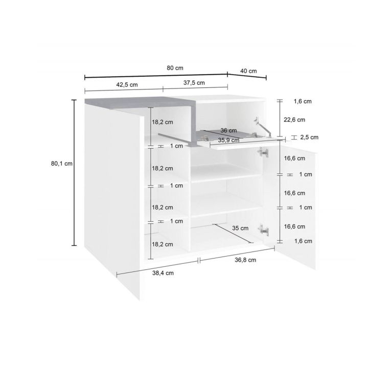 Scarpiera Ryan, Mobile multiuso a 2 ante e 1 anta a ribalta-, Portascarpe da ingresso, 100% Made in Italy, cm 80x40h80, Bianco lucido e Ardesia
