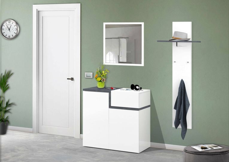 Scarpiera Ryan, Mobile multiuso a 2 ante e 1 anta a ribalta-, Portascarpe da ingresso, 100% Made in Italy, cm 80x40h80, Bianco lucido e Ardesia