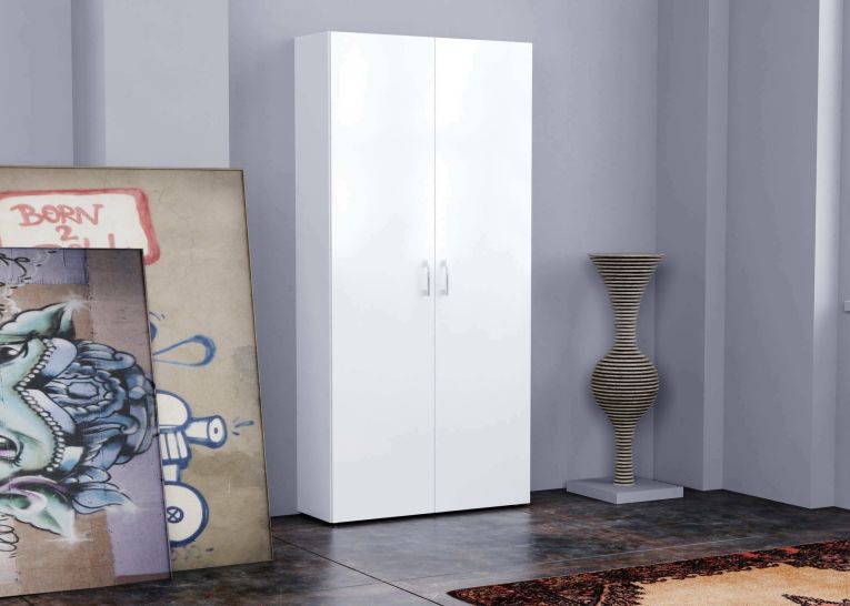 Scarpiera Simone, Mobile multiuso a 2 ante e scaffali interni, Portascarpe da ingresso, 100% Made in Italy, cm 91x33h190, Bianco lucido
