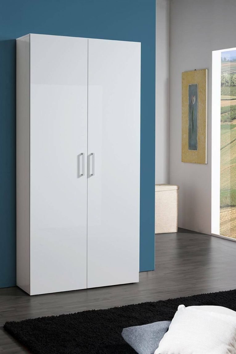 Scarpiera Simone, Mobile multiuso a 2 ante e scaffali interni, Portascarpe da ingresso, 100% Made in Italy, cm 91x33h190, Bianco lucido