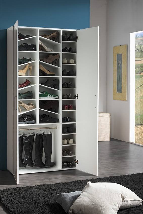 Scarpiera Simone, Mobile multiuso a 2 ante e scaffali interni, Portascarpe da ingresso, 100% Made in Italy, cm 91x33h190, Bianco lucido