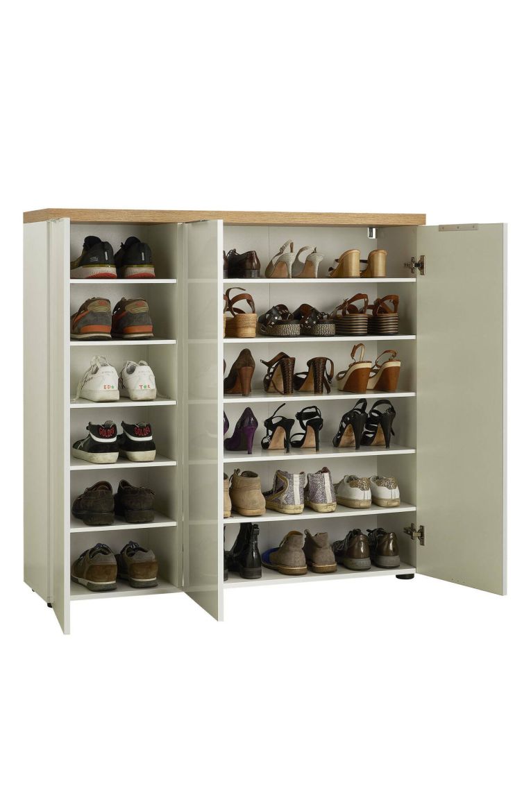 Scarpiera Soweto, Mobile portascarpe, Armadio da ingresso multiuso, Mobiletto per calzature, Made in Italy, 122x34h115 cm, Bianco lucido e Rovere
