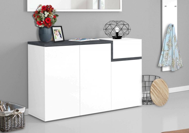 Scarpiera Steve, Mobile multiuso 3 ante e 1 anta a ribalta-, Portascarpe da ingresso, 100% Made in Italy, cm 120x40h80, Bianco lucido e Ardesia