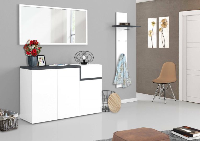 Scarpiera Steve, Mobile multiuso 3 ante e 1 anta a ribalta-, Portascarpe da ingresso, 100% Made in Italy, cm 120x40h80, Bianco lucido e Ardesia