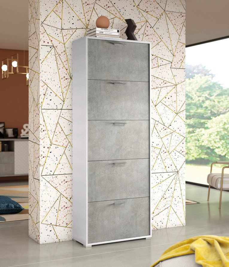 Scarpiera Surfinia, Mobile multiuso da ingresso con 5 ante a ribalta-, Armadietto portascarpe a doppia profondità, 100% Made in Italy, 67x28h183 cm, Bianco e Cemento