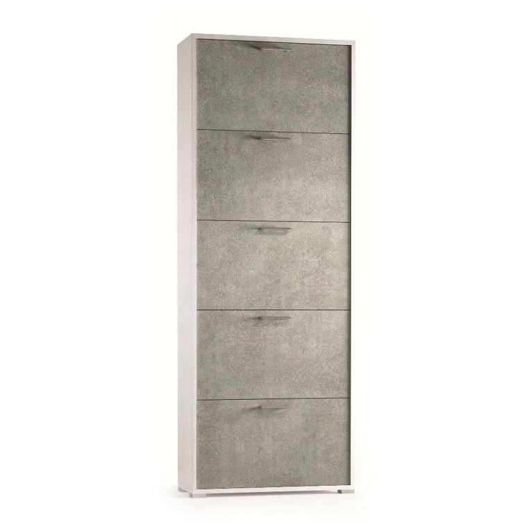 Scarpiera Surfinia, Mobile multiuso da ingresso con 5 ante a ribalta-, Armadietto portascarpe a doppia profondità, 100% Made in Italy, 67x28h183 cm, Bianco e Cemento