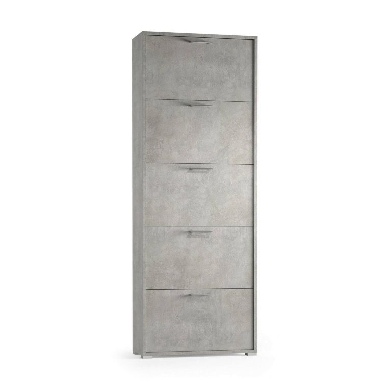 Scarpiera Surfinia, Mobile multiuso da ingresso con 5 ante a ribalta-, Armadietto portascarpe a doppia profondità, 100% Made in Italy, 67x28h183 cm, Cemento