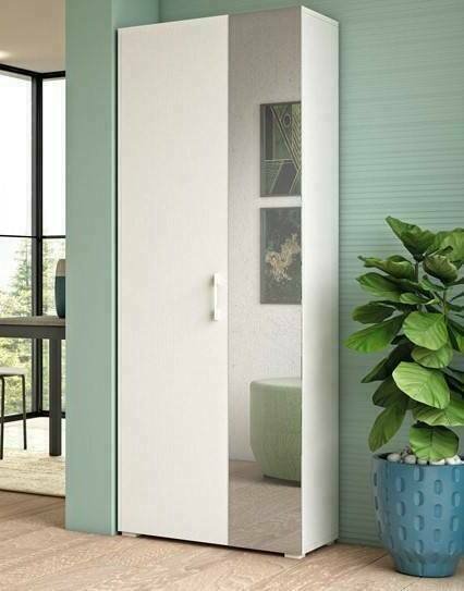 Scarpiera Tarassaco, Mobile multiuso da ingresso con anta a specchio , Armadio moderno portascarpe a 6 ripiani, 100% Made in Italy, 72x37h195 cm, Bianco