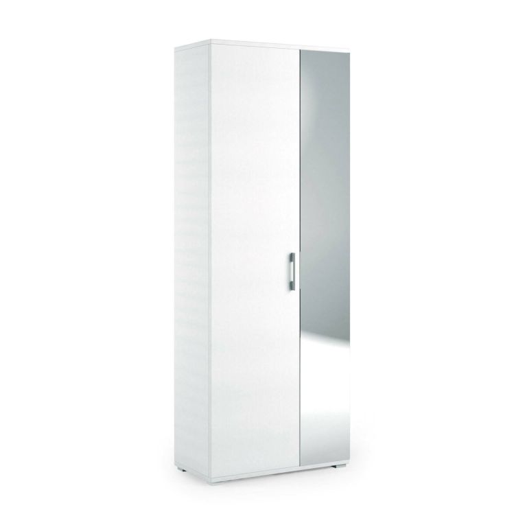 Scarpiera Tarassaco, Mobile multiuso da ingresso con anta a specchio , Armadio moderno portascarpe a 6 ripiani, 100% Made in Italy, 72x37h195 cm, Bianco