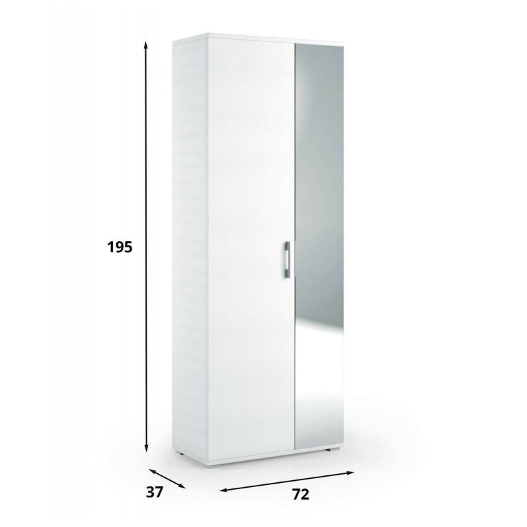 Scarpiera Tarassaco, Mobile multiuso da ingresso con anta a specchio , Armadio moderno portascarpe a 6 ripiani, 100% Made in Italy, 72x37h195 cm, Bianco