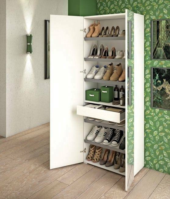 Scarpiera Tarassaco, Mobile multiuso da ingresso con anta a specchio , Armadio moderno portascarpe a 6 ripiani, 100% Made in Italy, 72x37h195 cm, Bianco