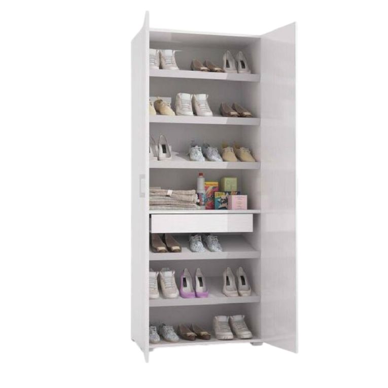 Scarpiera Tarassaco, Mobile multiuso da ingresso con anta a specchio , Armadio moderno portascarpe a 6 ripiani, 100% Made in Italy, 72x37h195 cm, Bianco