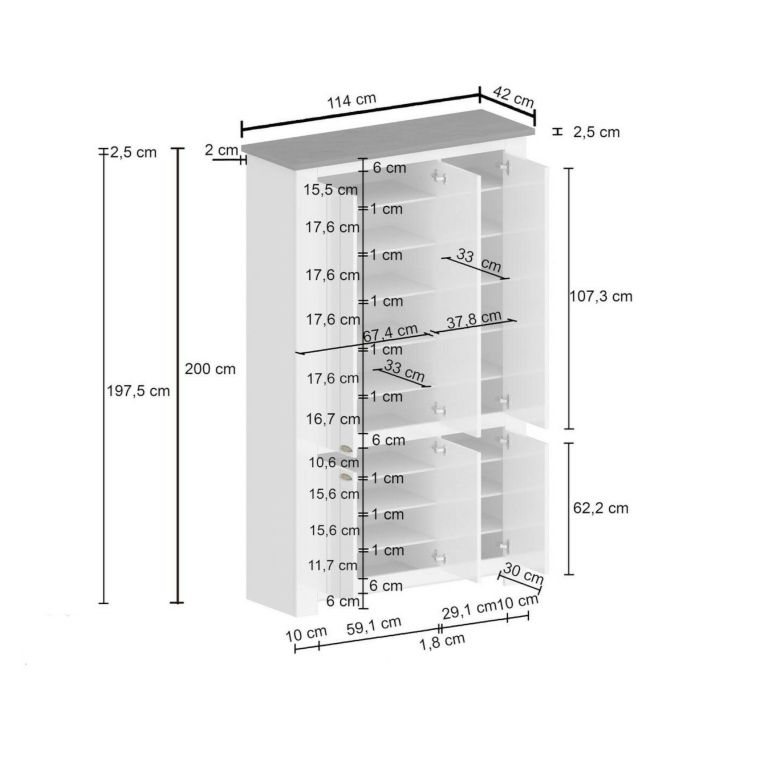 Scarpiera Tazio, Porta scarpe salvaspazio a 6 ante, Armadio multifunzione da ingresso, 114x42h200 cm, Bianco e Ardesia