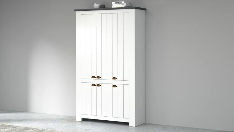 Scarpiera Tazio, Porta scarpe salvaspazio a 6 ante, Armadio multifunzione da ingresso, 114x42h200 cm, Bianco e Ardesia