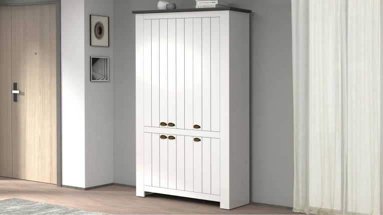 Scarpiera Tazio, Porta scarpe salvaspazio a 6 ante, Armadio multifunzione da ingresso, 114x42h200 cm, Bianco e Ardesia