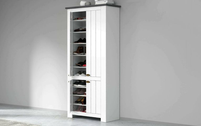 Scarpiera Teodoro, Porta scarpe salvaspazio a 4 ante, Armadio multifunzione da ingresso, 84x42h200 cm, Bianco e Ardesia