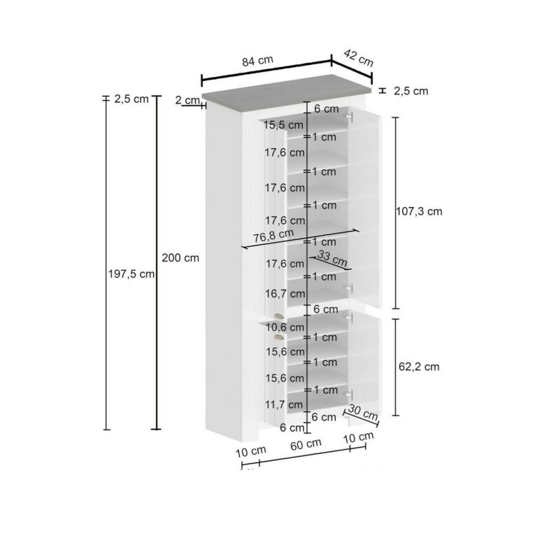 Scarpiera Teodoro, Porta scarpe salvaspazio a 4 ante, Armadio multifunzione da ingresso, 84x42h200 cm, Bianco e Ardesia