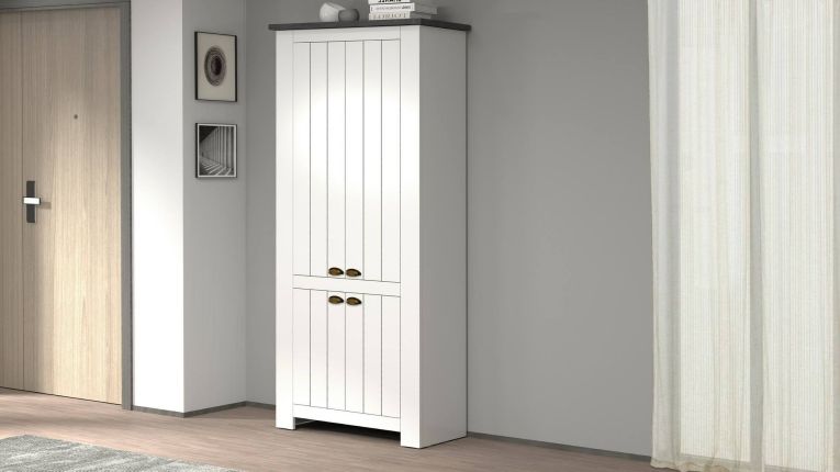 Scarpiera Teodoro, Porta scarpe salvaspazio a 4 ante, Armadio multifunzione da ingresso, 84x42h200 cm, Bianco e Ardesia