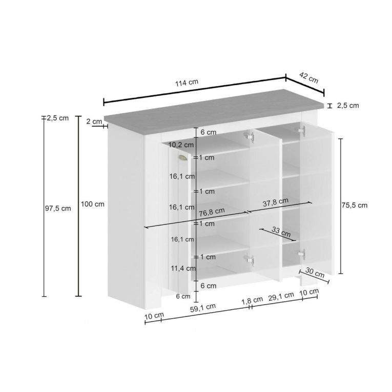 Scarpiera Tolomeo, Porta scarpe salvaspazio a 3 ante, Armadio multifunzione da ingresso, 114x42h100 cm, Bianco e Ardesia