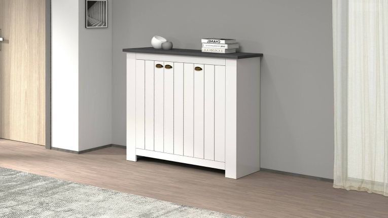 Scarpiera Tolomeo, Porta scarpe salvaspazio a 3 ante, Armadio multifunzione da ingresso, 114x42h100 cm, Bianco e Ardesia