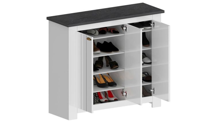 Scarpiera Tolomeo, Porta scarpe salvaspazio a 3 ante, Armadio multifunzione da ingresso, 114x42h100 cm, Bianco e Ardesia