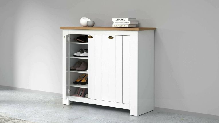 Scarpiera Tolomeo, Porta scarpe salvaspazio a 3 ante, Armadio multifunzione da ingresso, 114x42h100 cm, Bianco e Rovere
