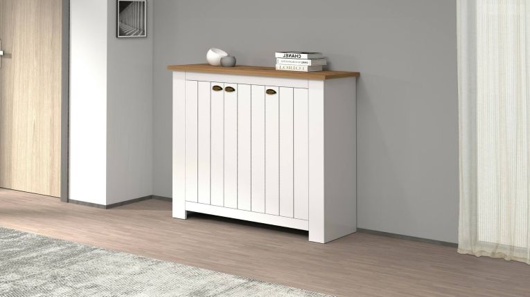 Scarpiera Tolomeo, Porta scarpe salvaspazio a 3 ante, Armadio multifunzione da ingresso, 114x42h100 cm, Bianco e Rovere