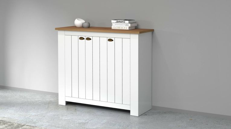 Scarpiera Tolomeo, Porta scarpe salvaspazio a 3 ante, Armadio multifunzione da ingresso, 114x42h100 cm, Bianco e Rovere