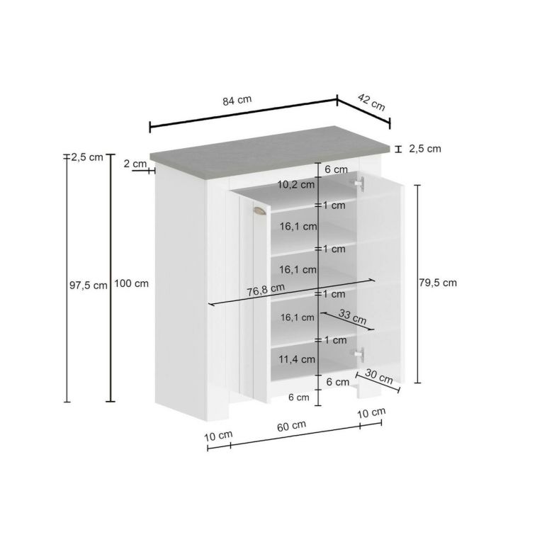 Scarpiera Tonio, Porta scarpe salvaspazio a 2 ante, Armadio multifunzione da ingresso, 84x42h100 cm, Bianco e Ardesia