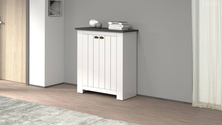 Scarpiera Tonio, Porta scarpe salvaspazio a 2 ante, Armadio multifunzione da ingresso, 84x42h100 cm, Bianco e Ardesia