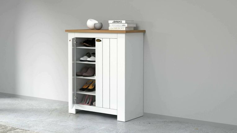 Scarpiera Tonio, Porta scarpe salvaspazio a 2 ante, Armadio multifunzione da ingresso, 84x42h100 cm, Bianco e Rovere