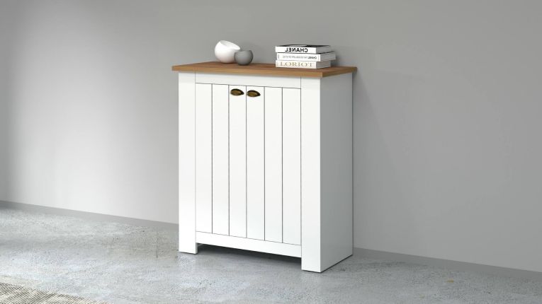 Scarpiera Tonio, Porta scarpe salvaspazio a 2 ante, Armadio multifunzione da ingresso, 84x42h100 cm, Bianco e Rovere