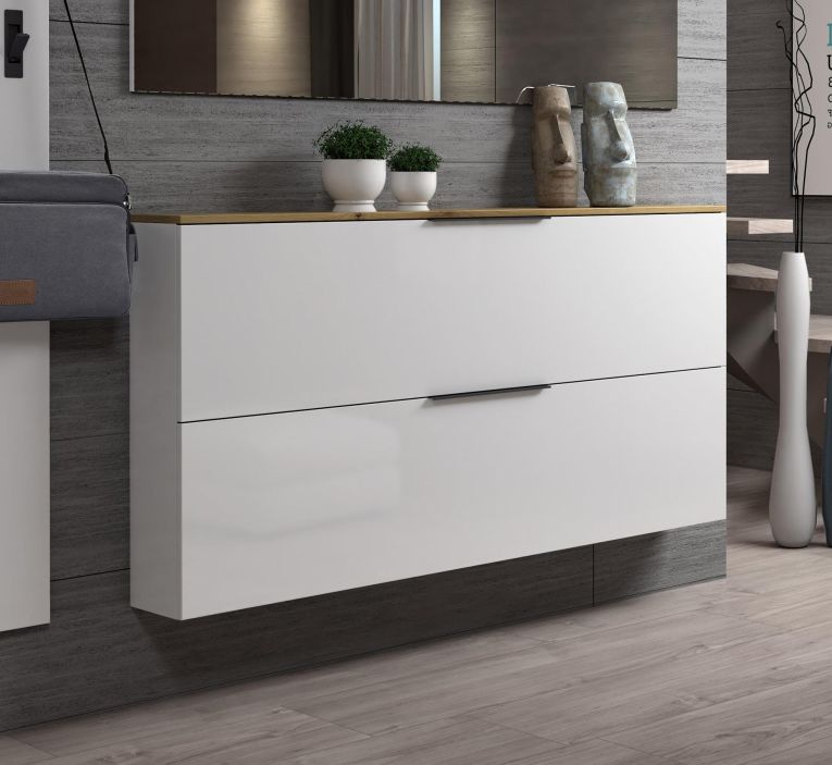 Scarpiera Tubatse, Mobile portascarpe, Armadio da ingresso multiuso, Mobiletto per calzature, Made in Italy, 160x19h80 cm, Bianco lucido e Rovere