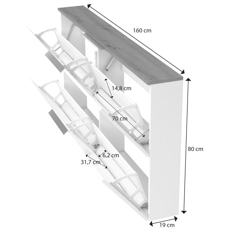 Scarpiera Tubatse, Mobile portascarpe, Armadio da ingresso multiuso, Mobiletto per calzature, Made in Italy, 160x19h80 cm, Bianco lucido e Rovere