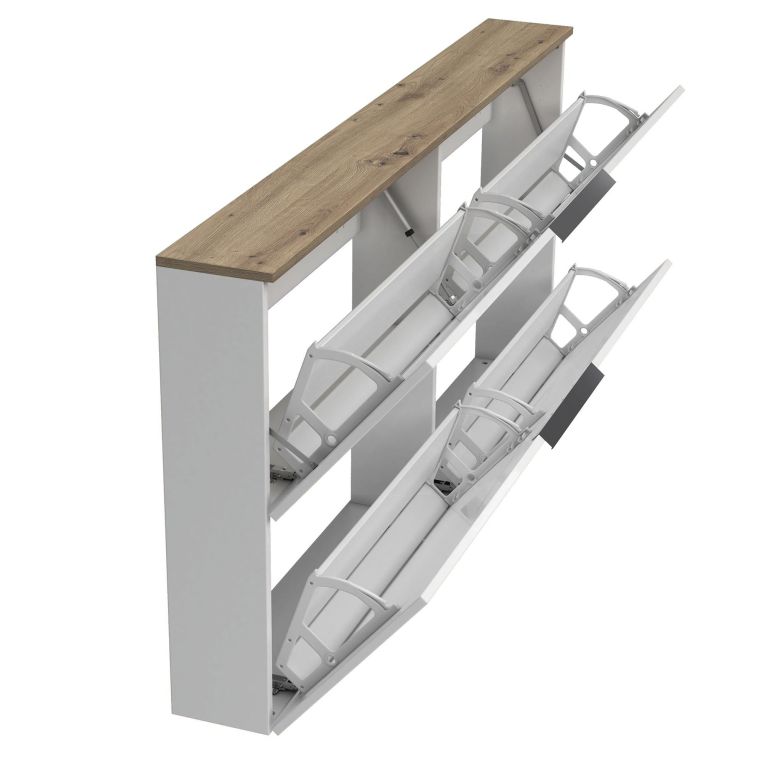 Scarpiera Tubatse, Mobile portascarpe, Armadio da ingresso multiuso, Mobiletto per calzature, Made in Italy, 160x19h80 cm, Bianco lucido e Rovere