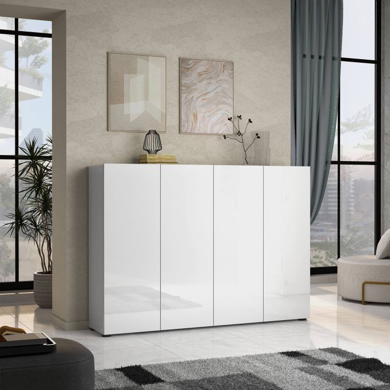 Scarpiera Uitenhage, Mobile portascarpe, Armadio da ingresso multiuso, Mobiletto per calzature, Made in Italy, 160x34h115 cm, Bianco lucido