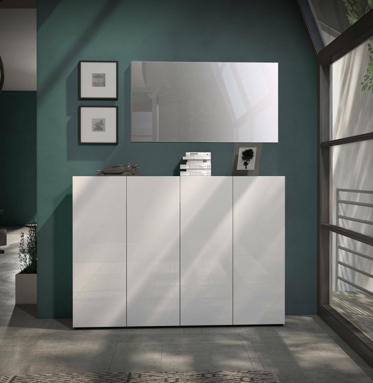Scarpiera Uitenhage, Mobile portascarpe, Armadio da ingresso multiuso, Mobiletto per calzature, Made in Italy, 160x34h115 cm, Bianco lucido