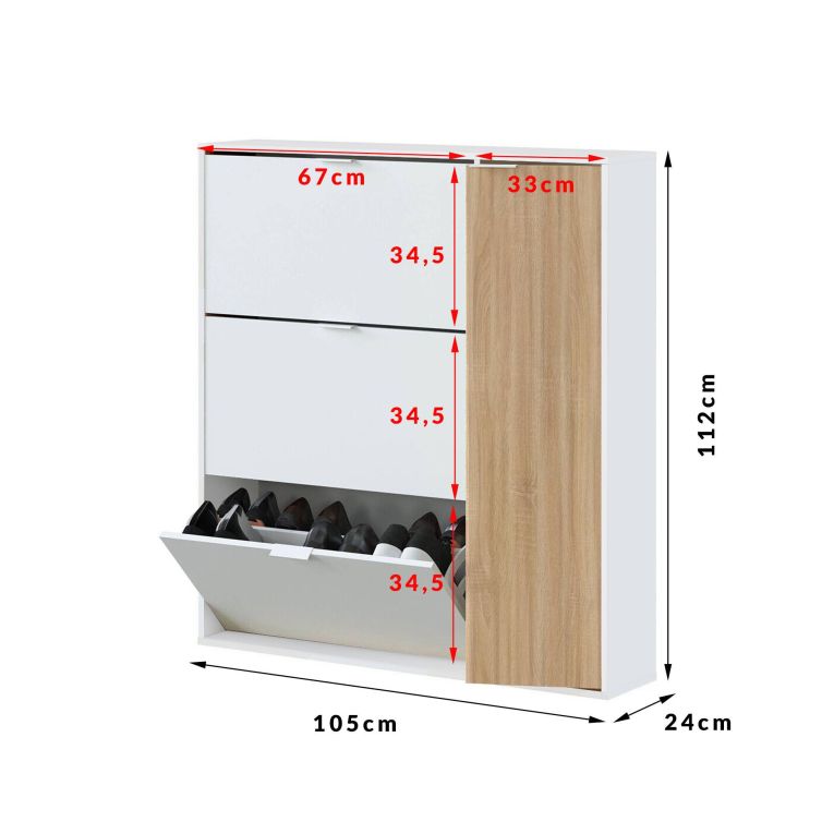 Scarpiera Valparaiso, Portascarpe salvaspazio a 4 ante, Scarpiera da ingresso , Armadio scarpiera, 105x24h112 cm, Rovere e Bianco lucido