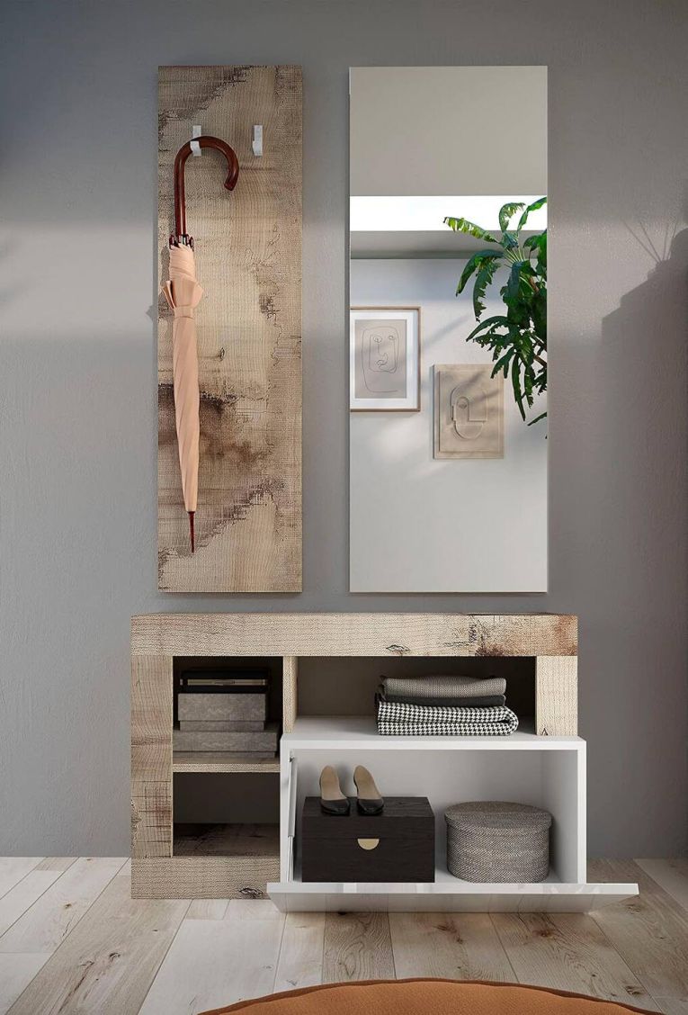 Scarpiera Varano, Mobile portascarpe, Armadio da ingresso multiuso, Mobiletto per calzature, Made in Italy, 91x35 h58 cm, Bianco lucido e Acacia