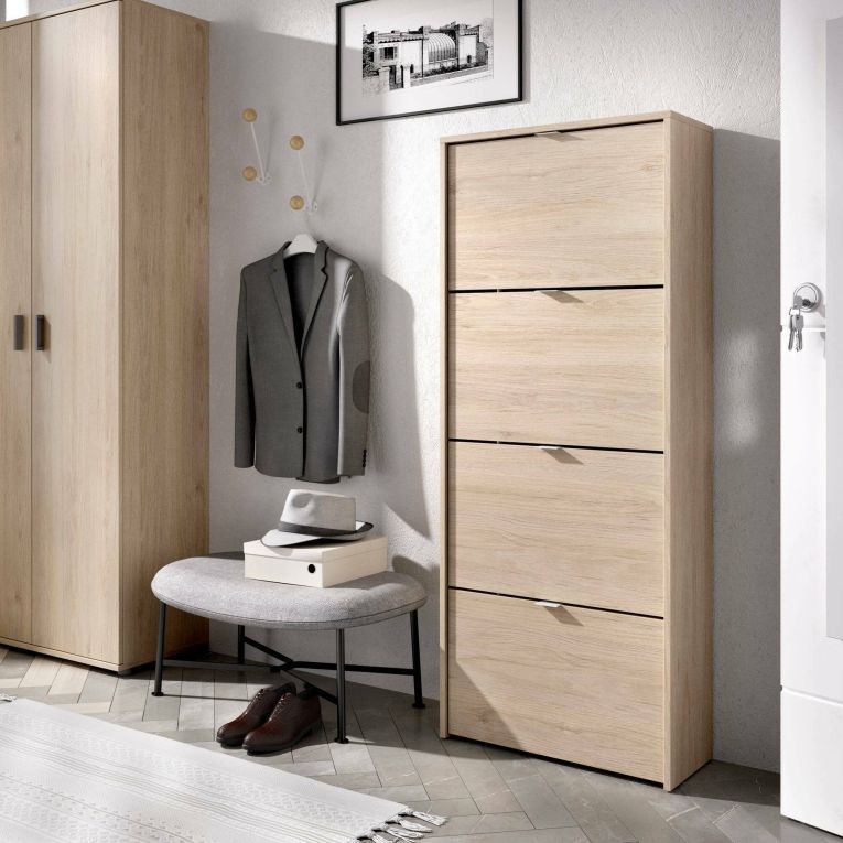 Scarpiera Vettore, Portascarpe salvaspazio da ingresso, Mobiletto porta scarpe a 4 ante a ribalta-, 61x25h149 cm, Rovere