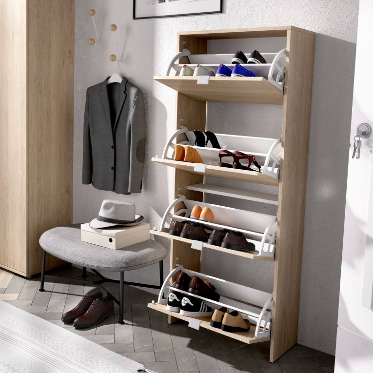 Scarpiera Vettore, Portascarpe salvaspazio da ingresso, Mobiletto porta scarpe a 4 ante a ribalta-, 61x25h149 cm, Rovere