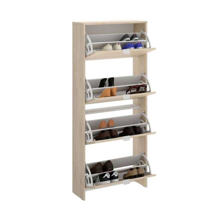 Scarpiera Vettore, Portascarpe salvaspazio da ingresso, Mobiletto porta scarpe a 4 ante a ribalta-, 61x25h149 cm, Rovere