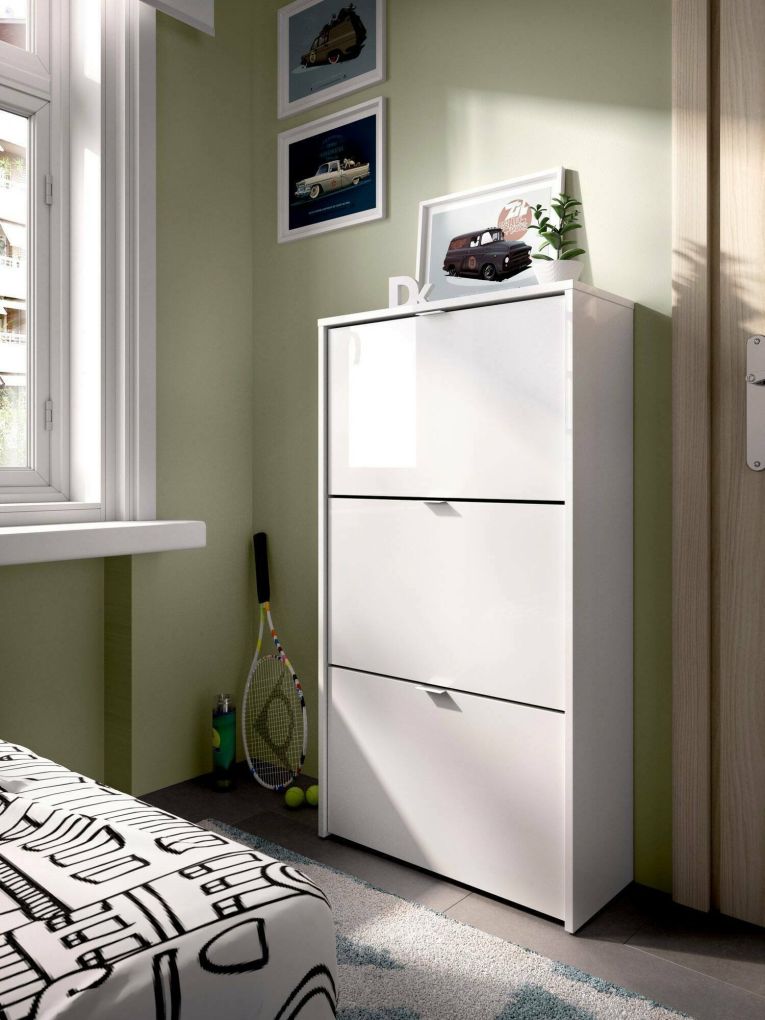 Scarpiera Vignole, Portascarpe salvaspazio da ingresso, Mobiletto porta scarpe a 3 ante a ribalta-, 61x25h113 cm, Bianco lucido