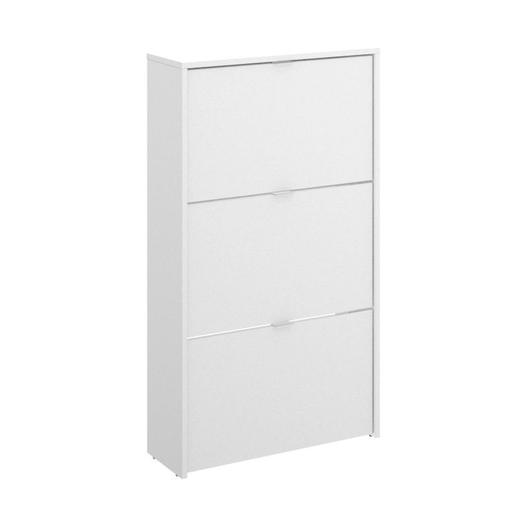 Scarpiera Vignole, Portascarpe salvaspazio da ingresso, Mobiletto porta scarpe a 3 ante a ribalta-, 61x25h113 cm, Bianco lucido