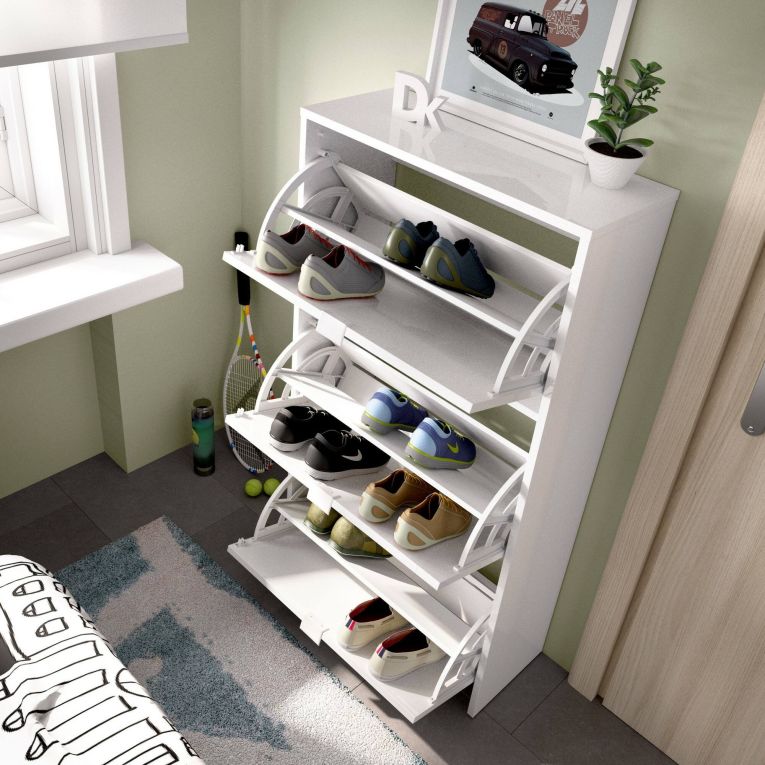 Scarpiera Vignole, Portascarpe salvaspazio da ingresso, Mobiletto porta scarpe a 3 ante a ribalta-, 61x25h113 cm, Bianco lucido