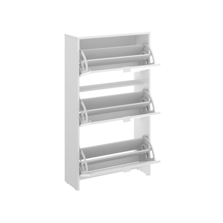 Scarpiera Vignole, Portascarpe salvaspazio da ingresso, Mobiletto porta scarpe a 3 ante a ribalta-, 61x25h113 cm, Bianco lucido