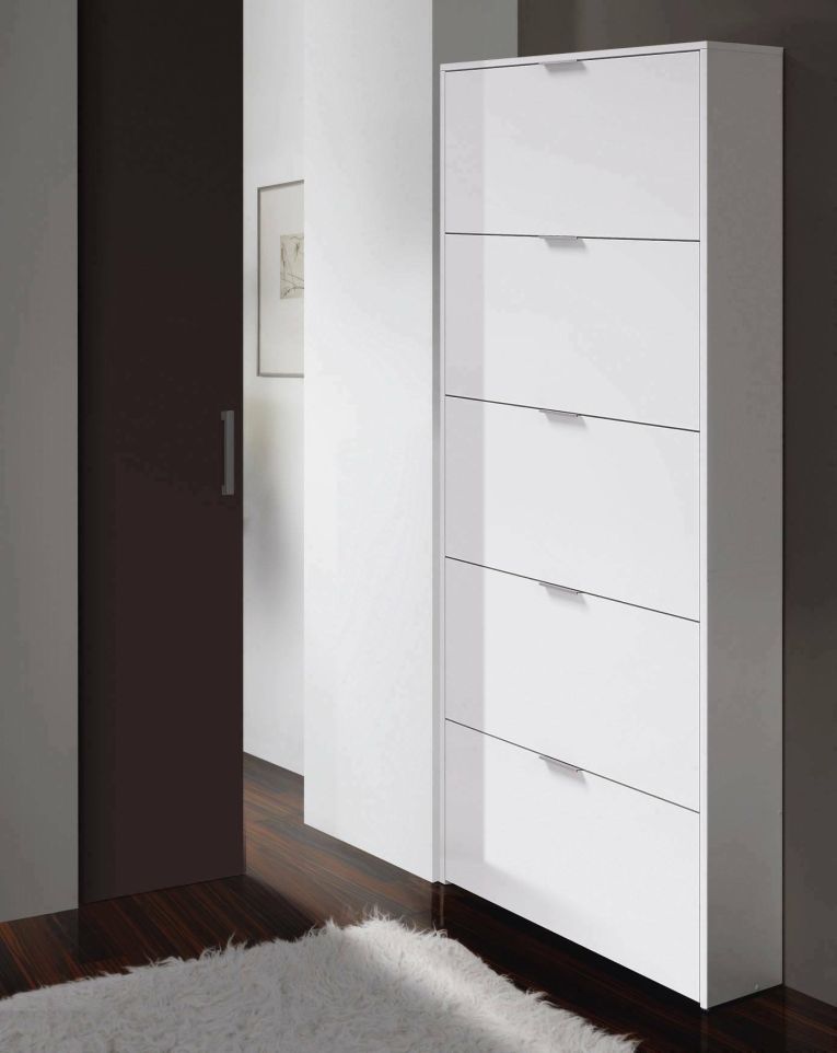 Scarpiera Washington, Armadio portascarpe a 5 ante a ribalta-, Scarpiera alta da ingresso, Scarpiera moderna, 70x17h180 cm, Bianco lucido