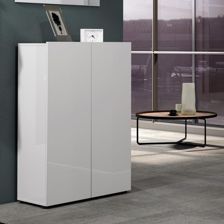 Scarpiera Witbank, Mobile portascarpe, Armadio da ingresso multiuso, Mobiletto per calzature, Made in Italy, 80x34h115 cm, Bianco lucido