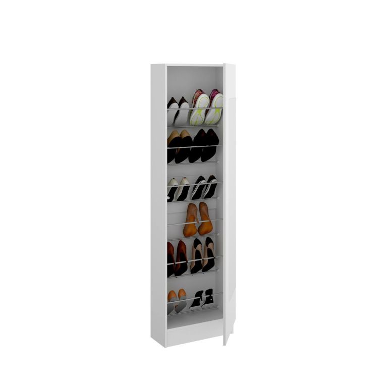 Scarpiera Zevola, Portascarpe salvaspazio da ingresso, Mobiletto portascarpe a 1 anta a specchio, 50x27h186 cm, Bianco